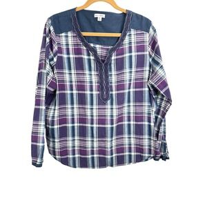 Rebecca Malone Women's Sz XL Blue/Purple Plaid V-Neck Shirt Embroidered Detail